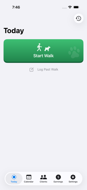 SideWalker Today screen with the green Start Walk button, daily totals, and recent walks